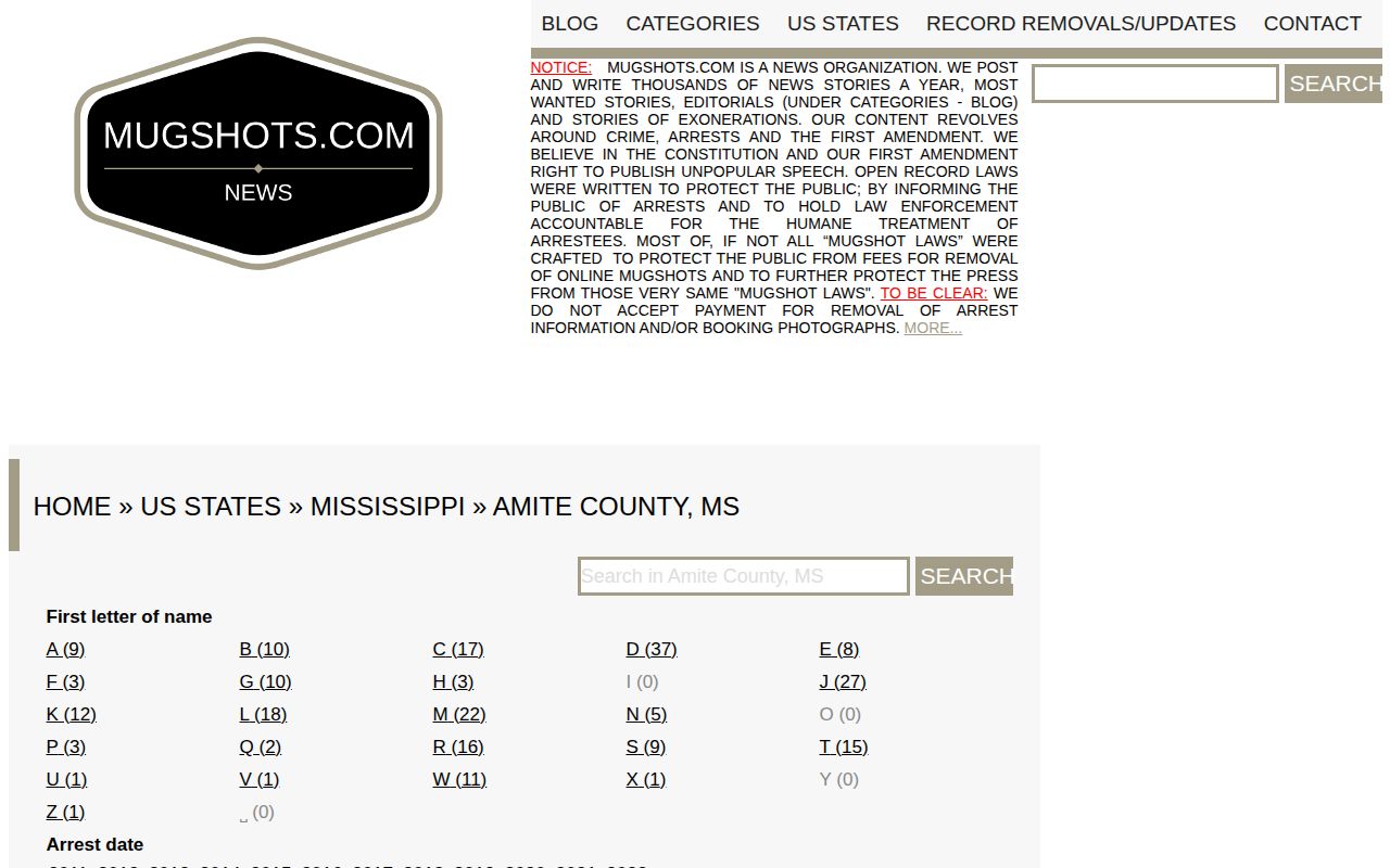 Amite County historical mugshot-record index at an unofficial local section